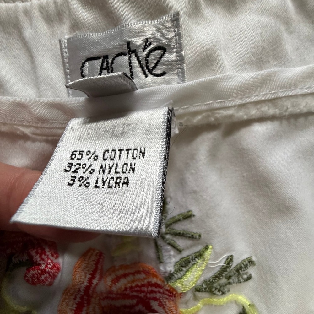 Cache White Floral Embroidered Flare Leg Pants 8 Boho Wide Leg Slit Zip Hem READ - Picture 6 of 16